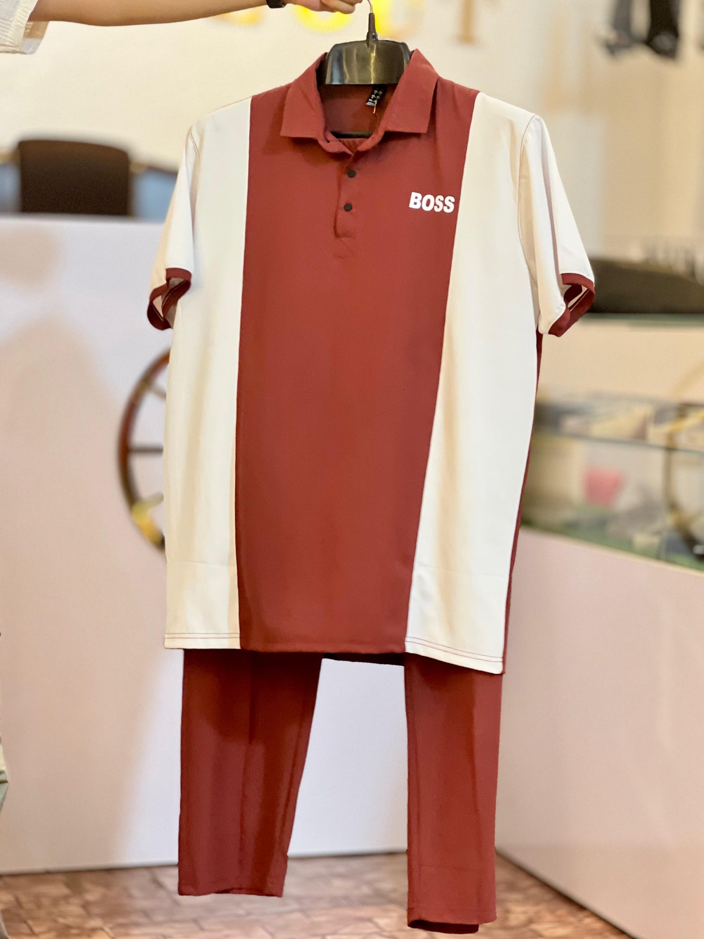 Men's BOSS Maroon & White Summer Tracksuit