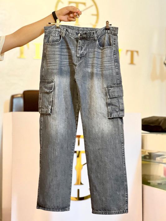 Baggy Cargo Mid Seam Jeans - Dark Blue Tint
